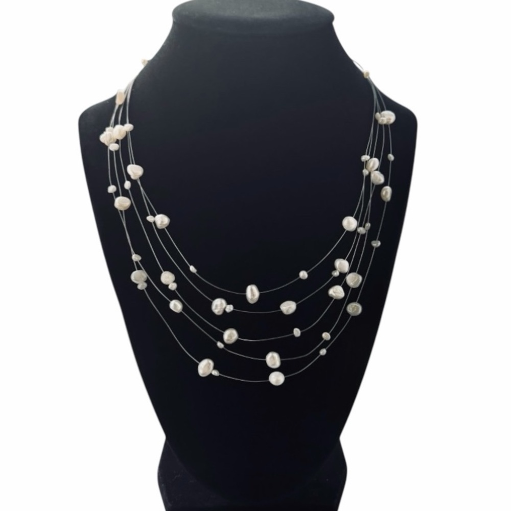 Multi-Strand Floating Freshwater Baroque Pearl Necklace 17”L